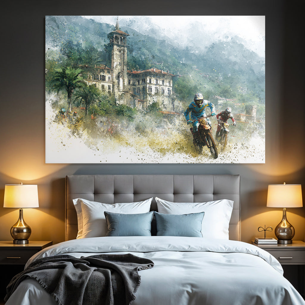 Motorradfahrer Racing Durch Rugged Landschaft Kunstwerk Wasserfarben Texture