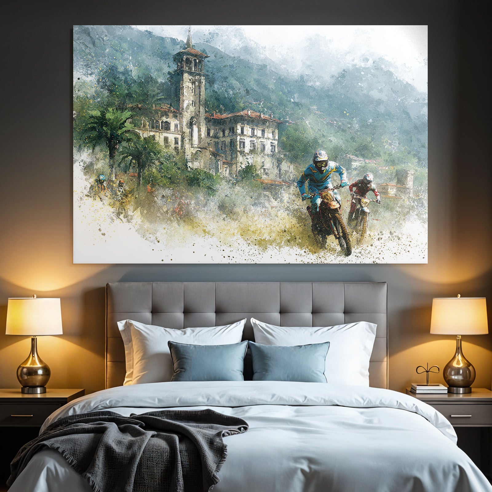 Motorradfahrer Racing Durch Rugged Landschaft Kunstwerk Wasserfarben Texture