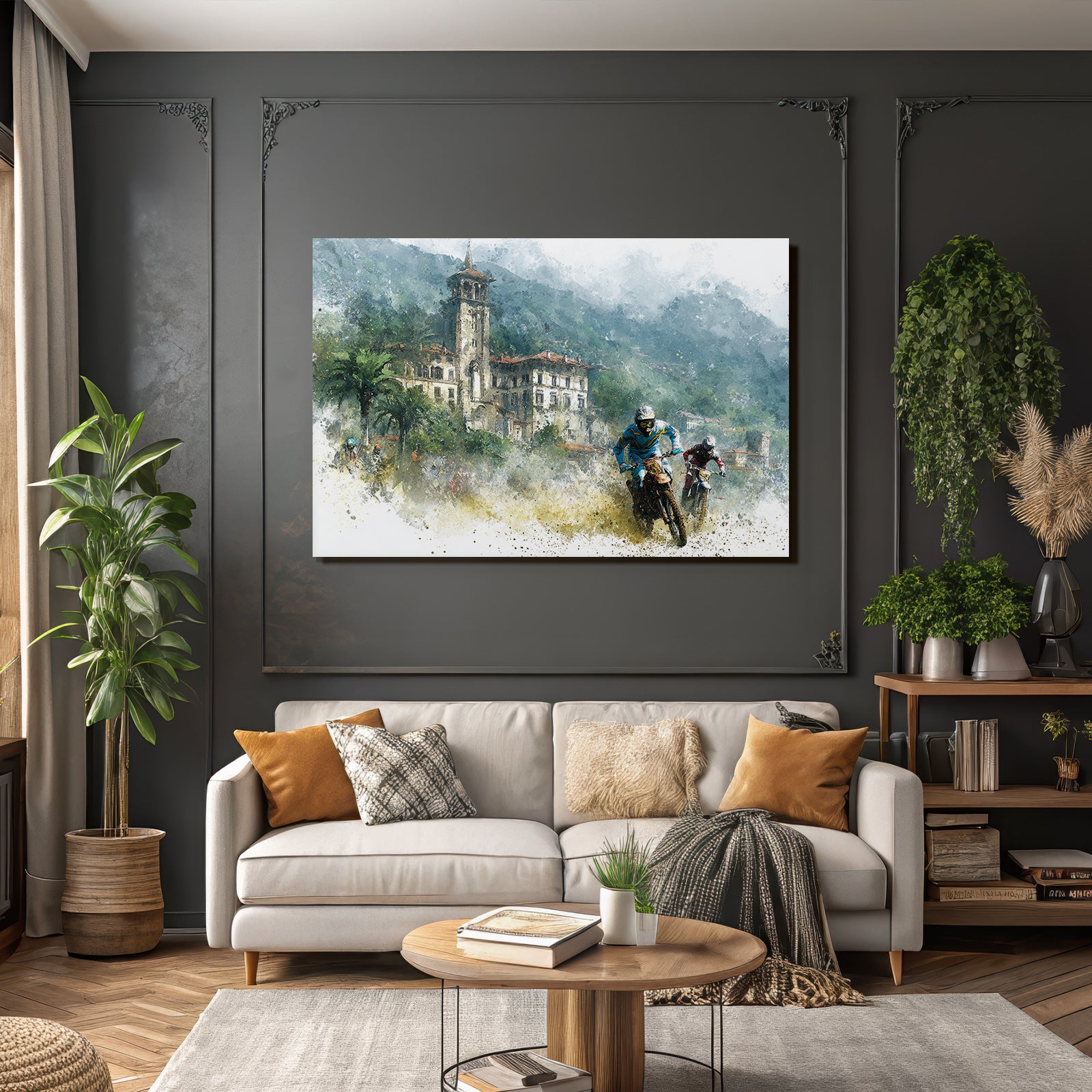 Motorradfahrer Racing Durch Rugged Landschaft Kunstwerk Wasserfarben Texture