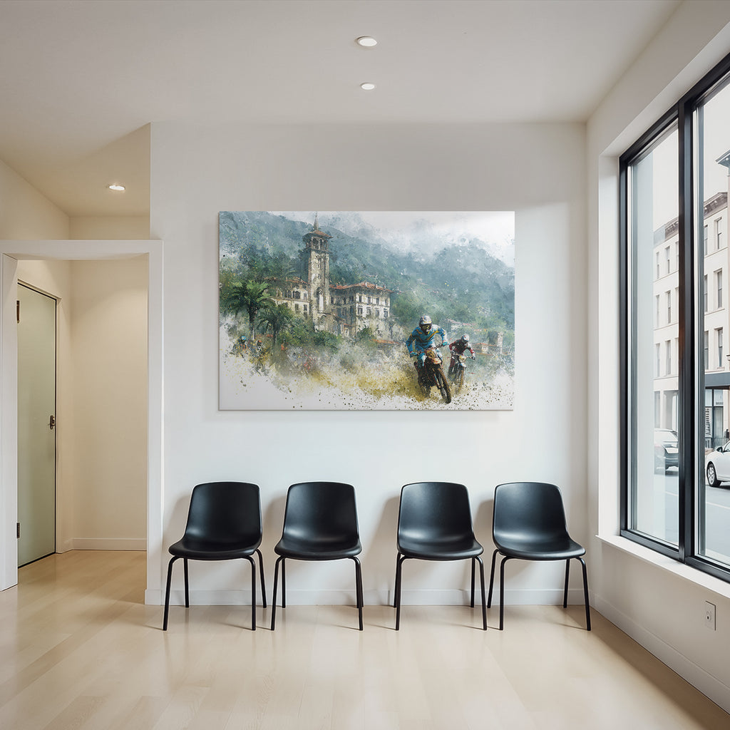 Motorradfahrer Racing Durch Rugged Landschaft Kunstwerk Wasserfarben Texture