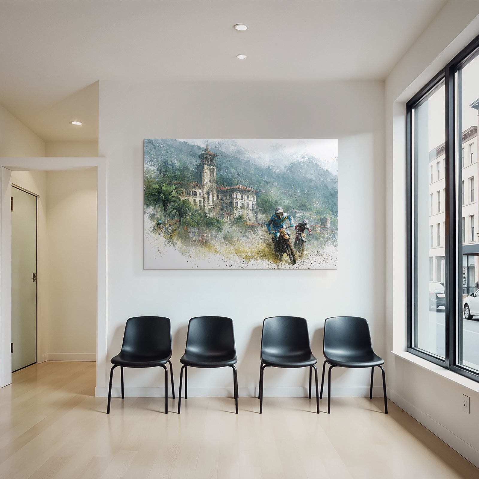 Motorradfahrer Racing Durch Rugged Landschaft Kunstwerk Wasserfarben Texture