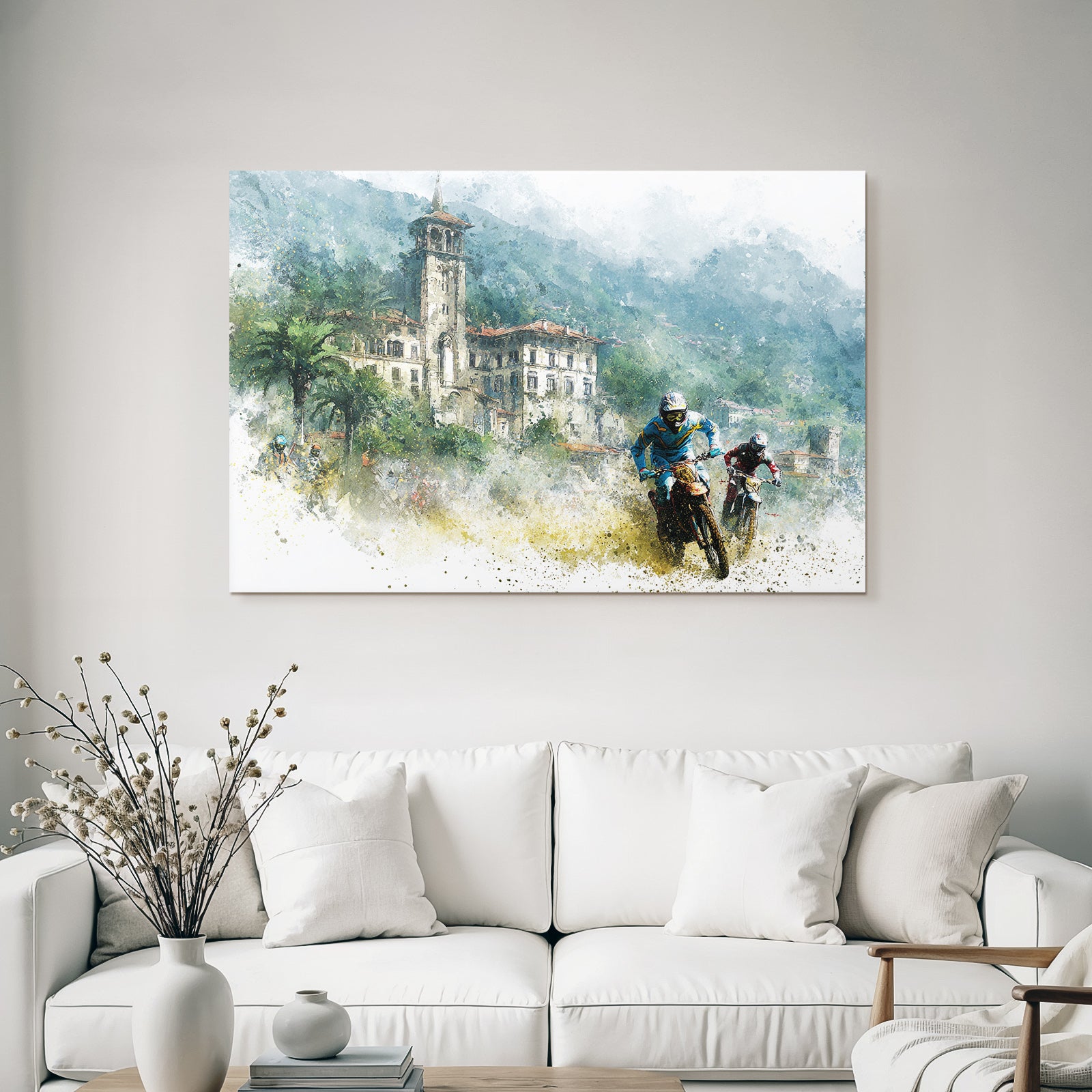 Motorradfahrer Racing Durch Rugged Landschaft Kunstwerk Wasserfarben Texture