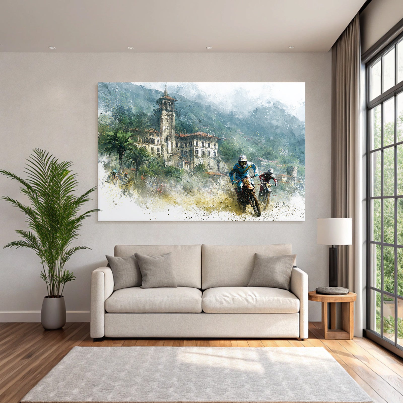 Motorradfahrer Racing Durch Rugged Landschaft Kunstwerk Wasserfarben Texture