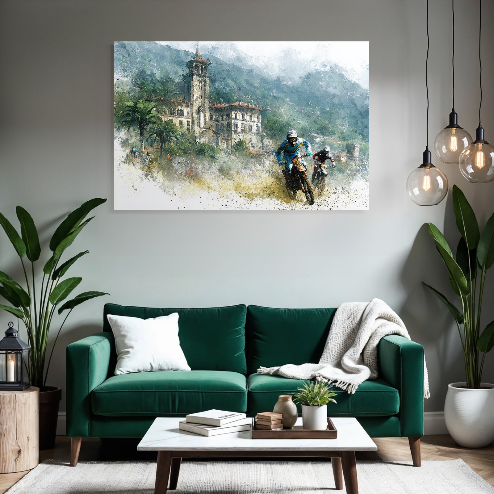 Motorradfahrer Racing Durch Rugged Landschaft Kunstwerk Wasserfarben Texture