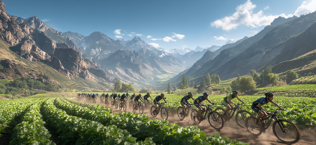 Mountainbiker Event Grüne Felder Berglandschaft Blaür Himmel Adventure | Sport und Bewegung | Themen und Hobbys