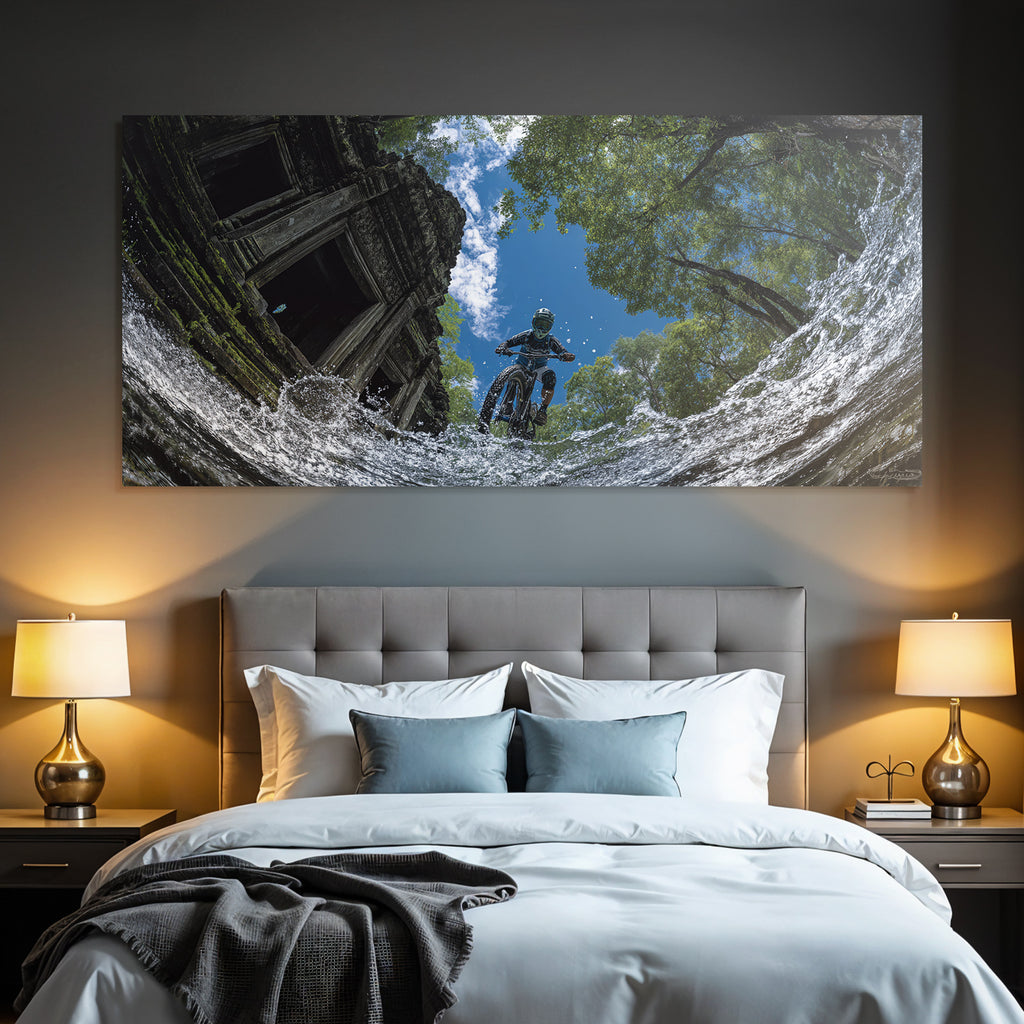 Mountainbiker Im Wasser Splash Vor Ruhigen Grünen Anfang Architektur