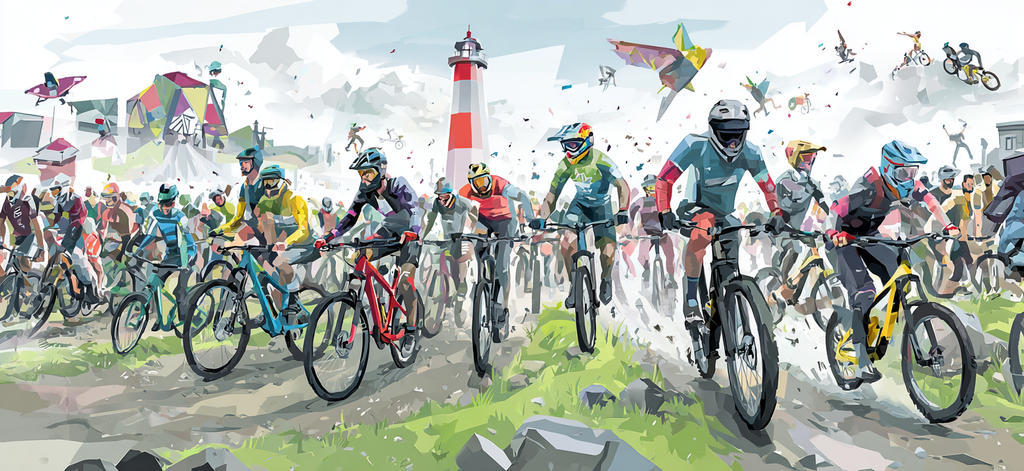 Mountainbiking Event Rugged Terrain Riders Lighthouse Energetic Atmosphere | Sport und Bewegung | Themen und Hobbys