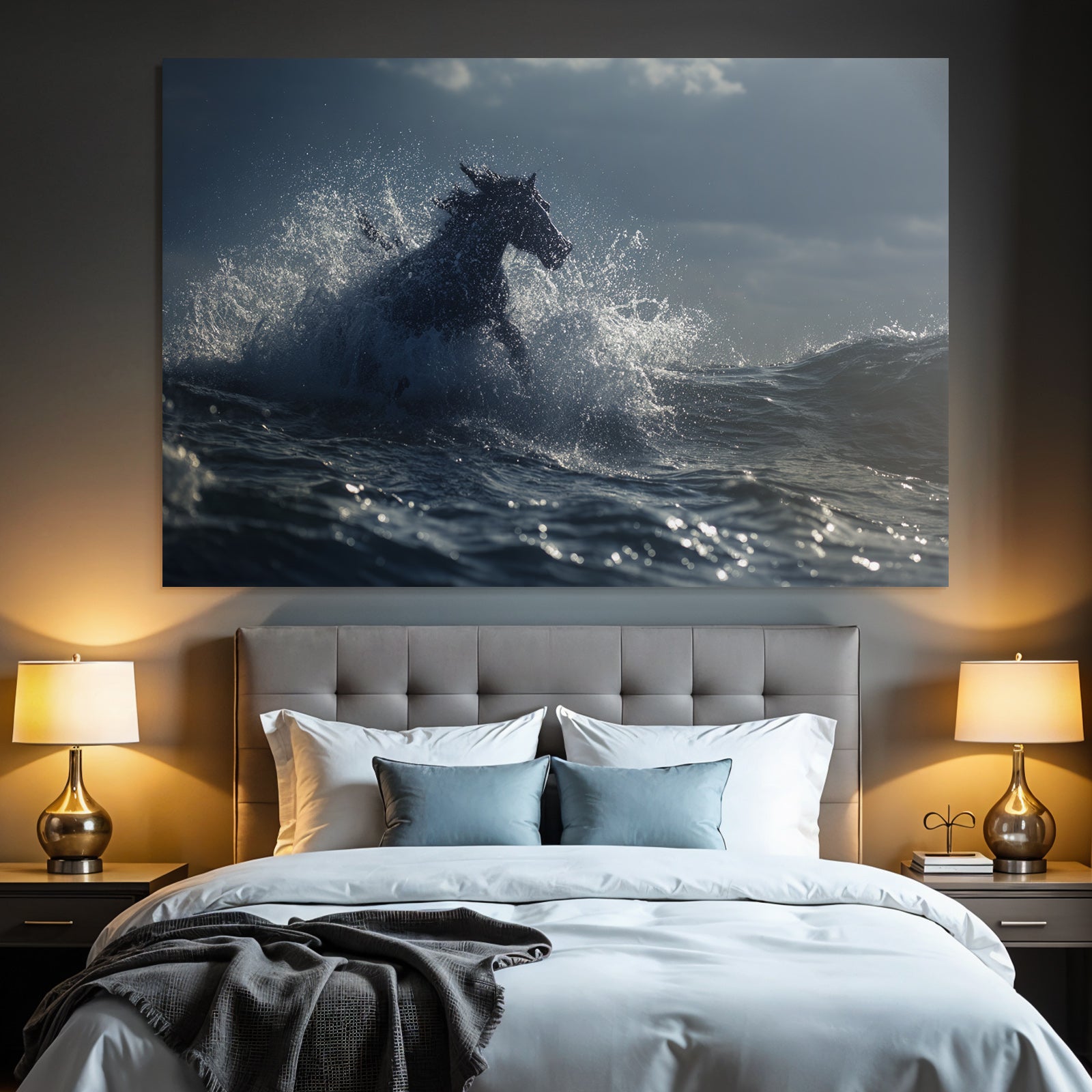 Pferd Aus Dem Meer Wellen Bewegung Morgendämmerung Abenddämmerung