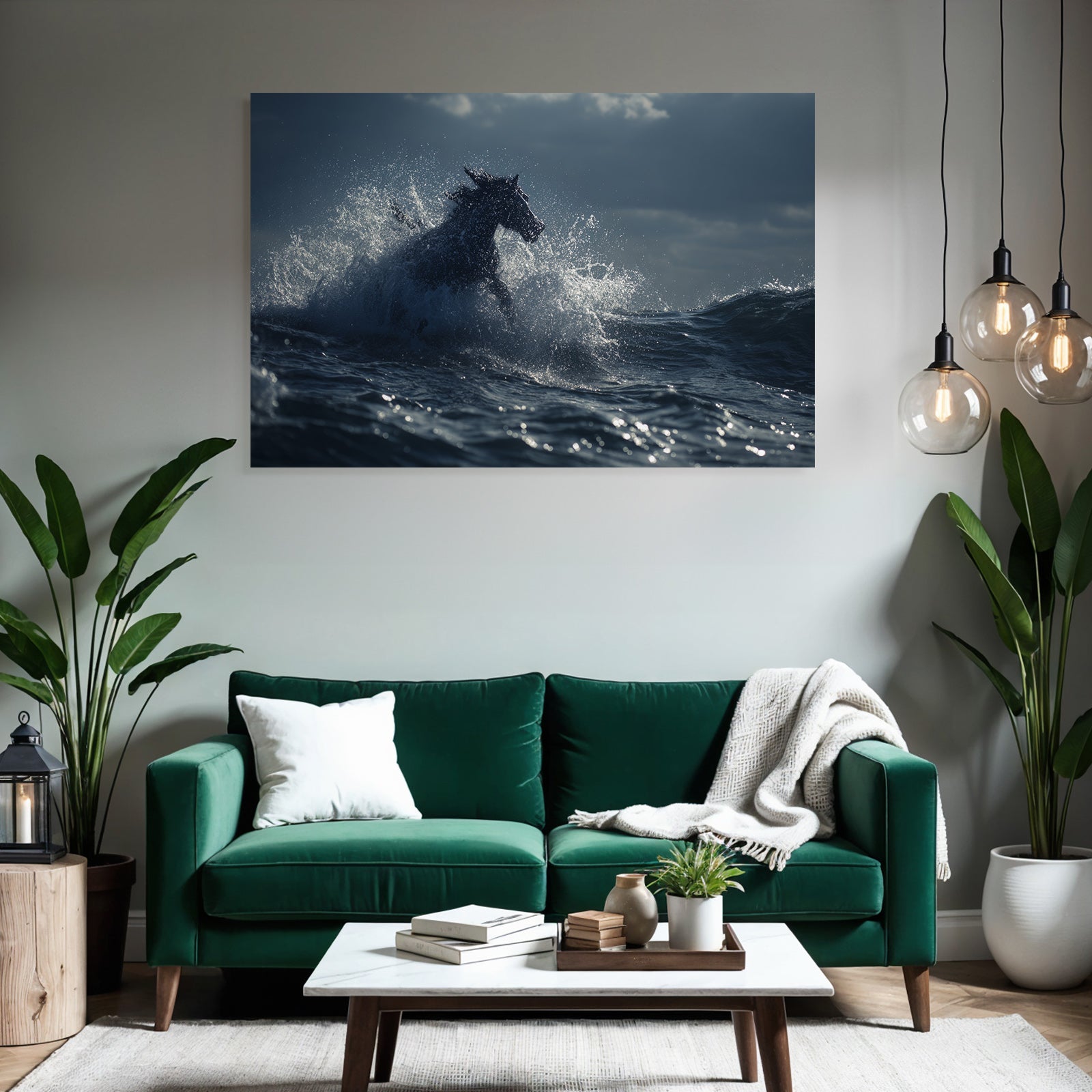 Pferd Aus Dem Meer Wellen Bewegung Morgendämmerung Abenddämmerung