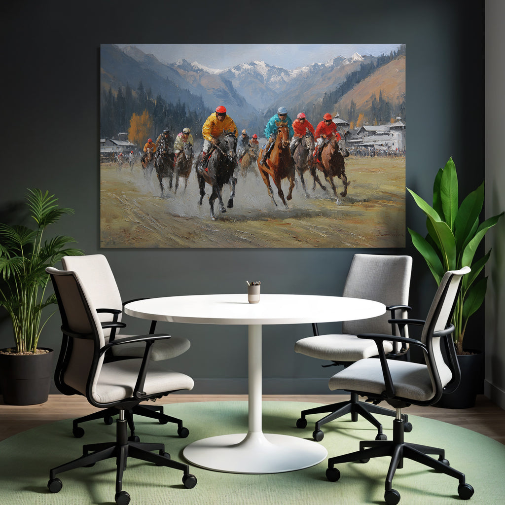 Pferderennen In Den Bergen Jockeys Und Bunte Outfits