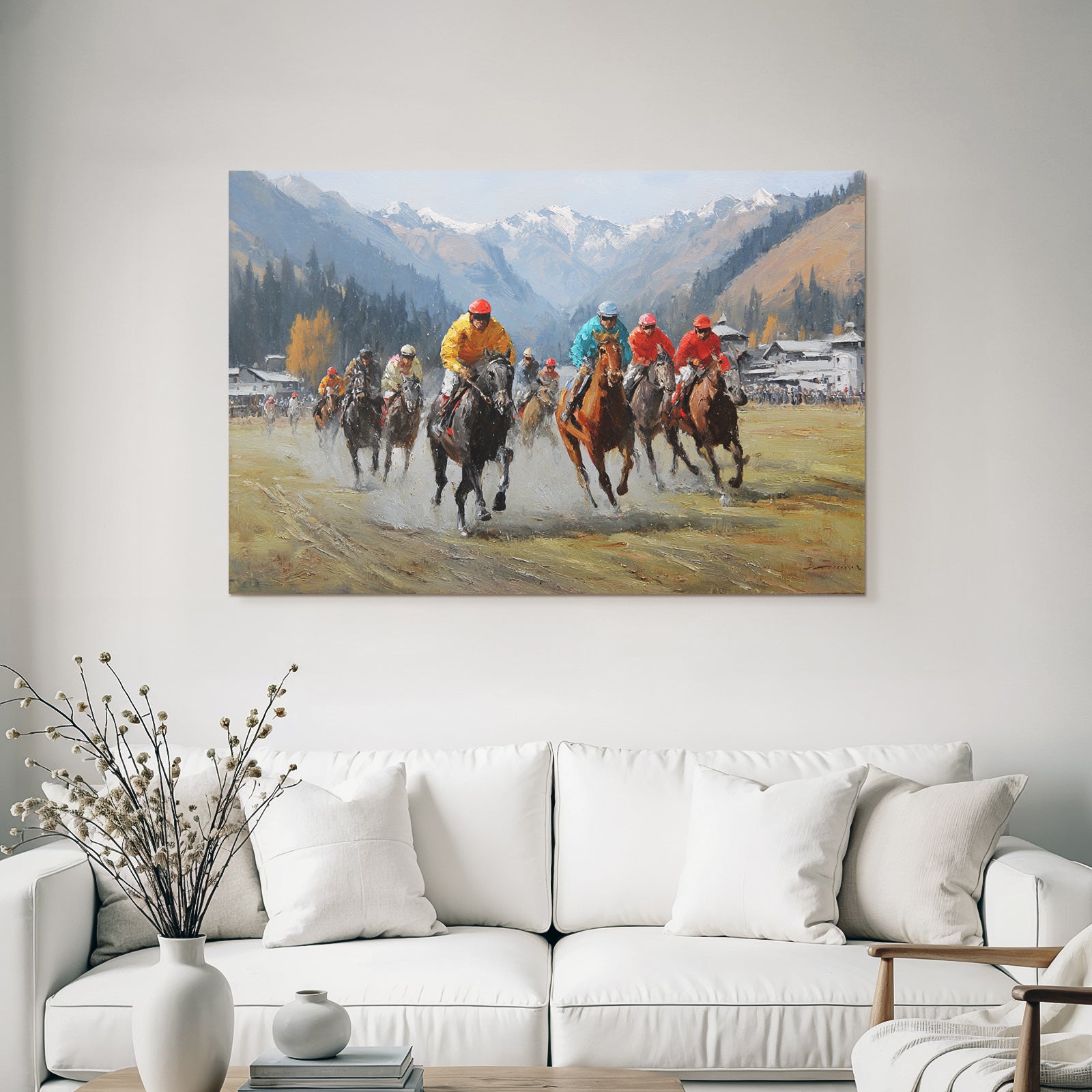 Pferderennen In Den Bergen Jockeys Und Bunte Outfits