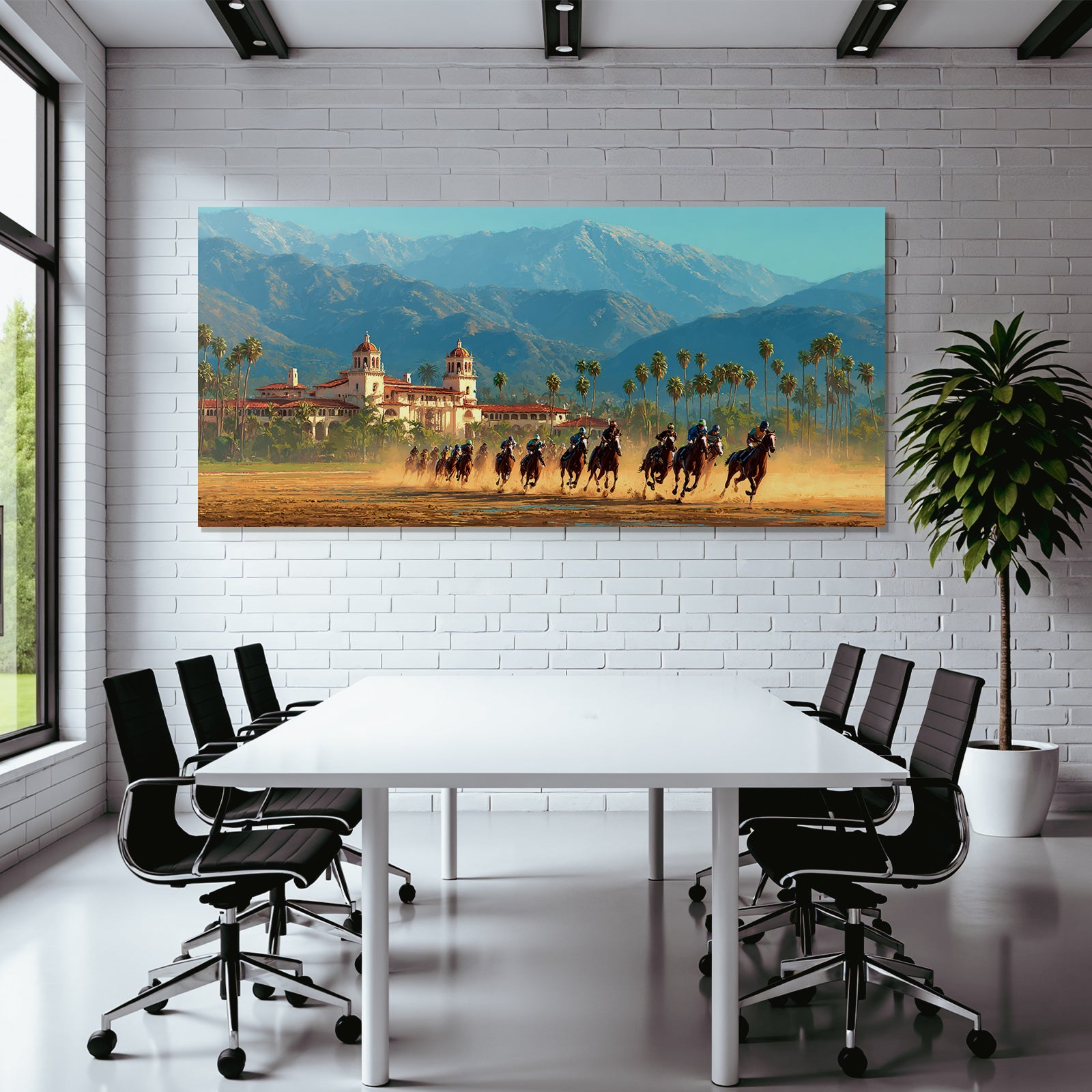 Pferderennen Vor Historischer Architektur Mit Palm Baeumen Und Gebirgen