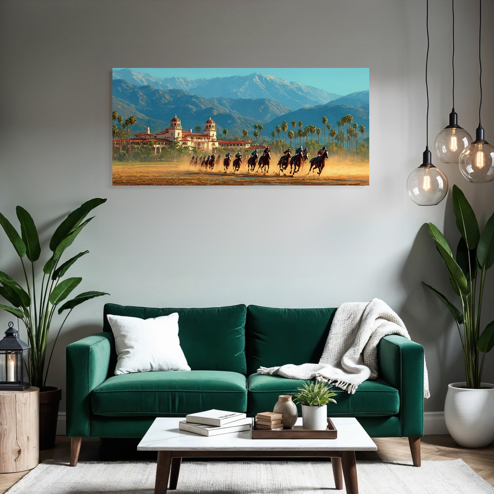 Pferderennen Vor Historischer Architektur Mit Palm Baeumen Und Gebirgen