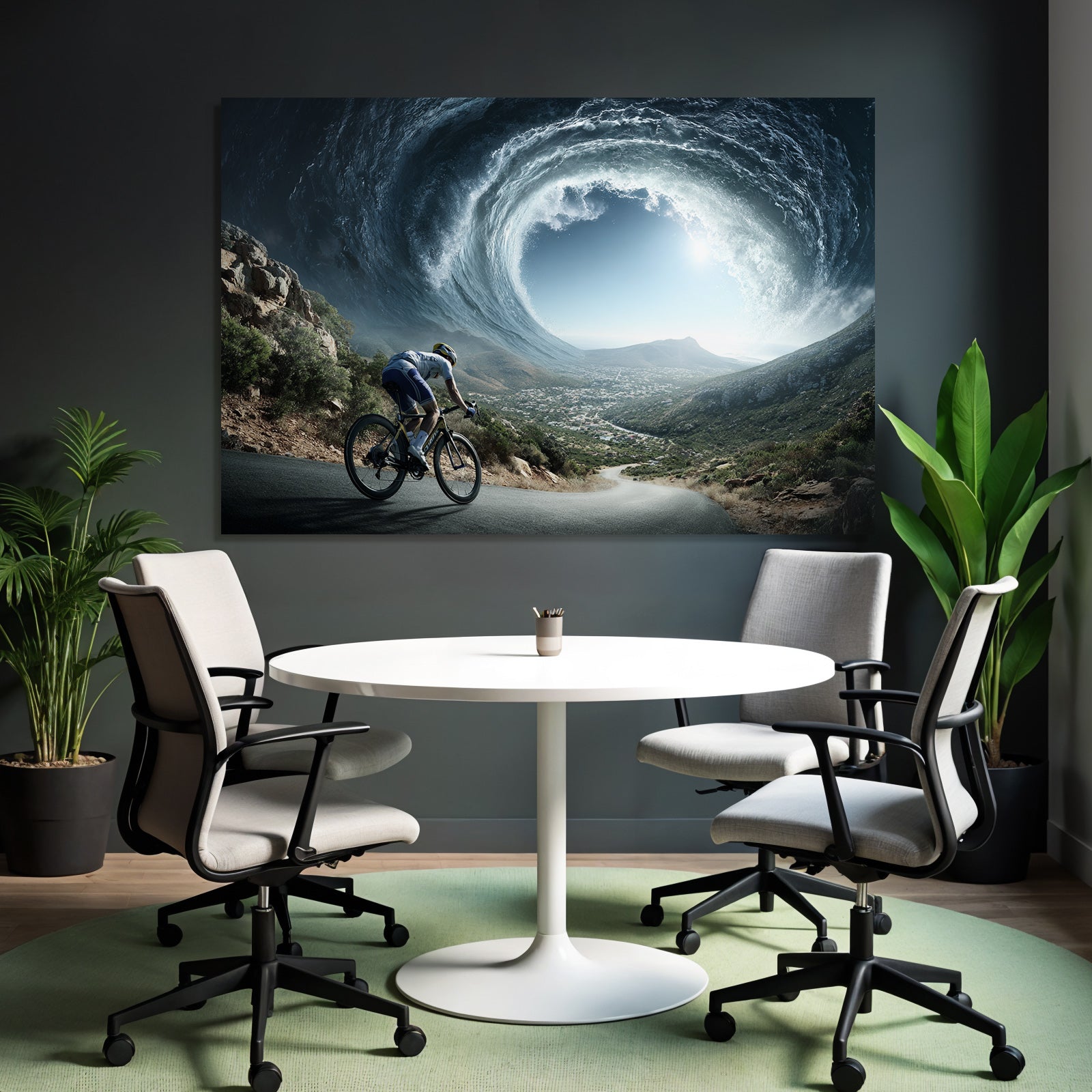 Radfahrer Und Grosse Welle Im Himmel Surrealistisches Abenteür