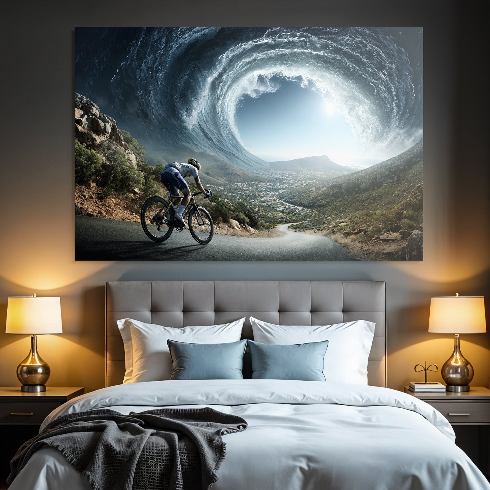 Radfahrer Und Grosse Welle Im Himmel Surrealistisches Abenteür