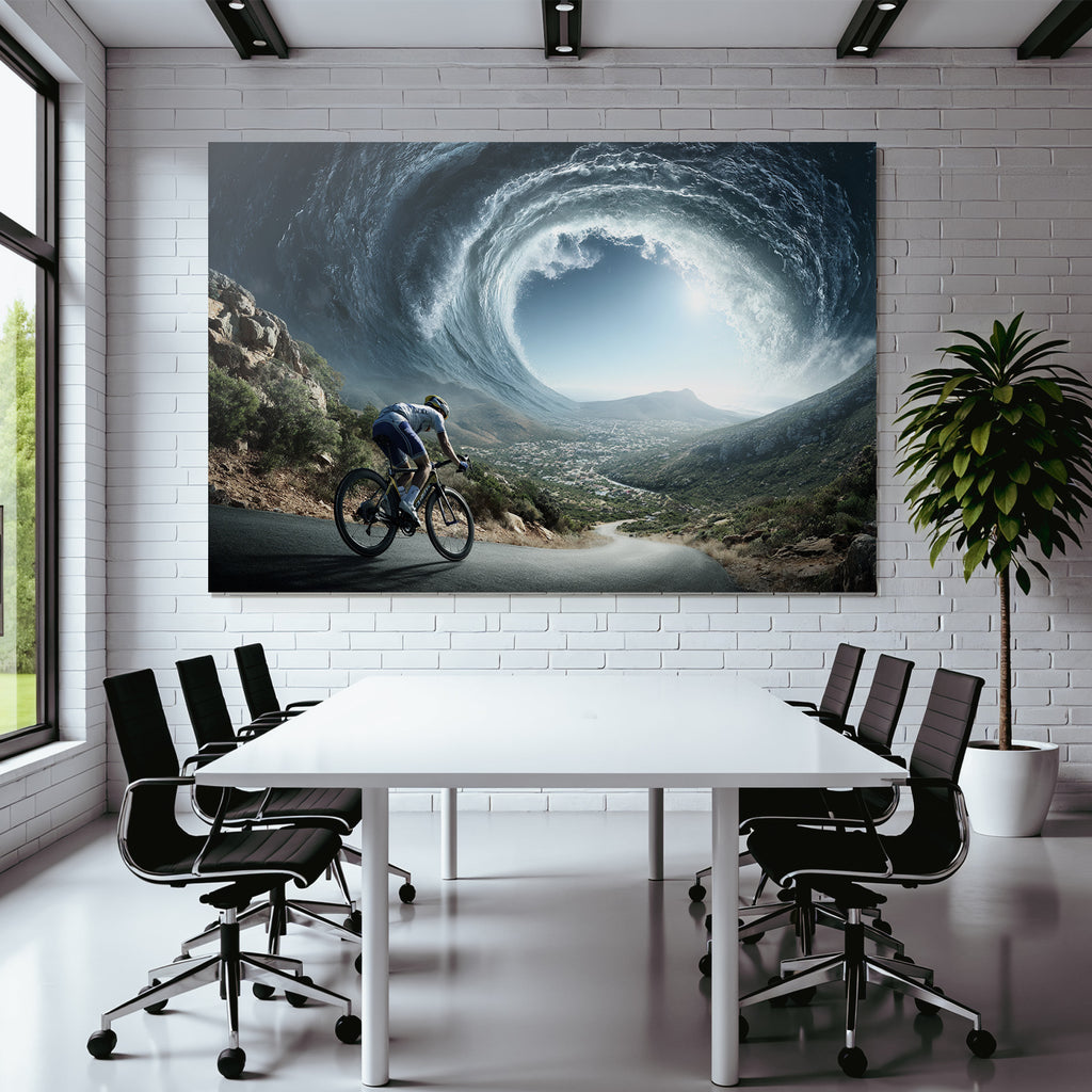 Radfahrer Und Grosse Welle Im Himmel Surrealistisches Abenteür
