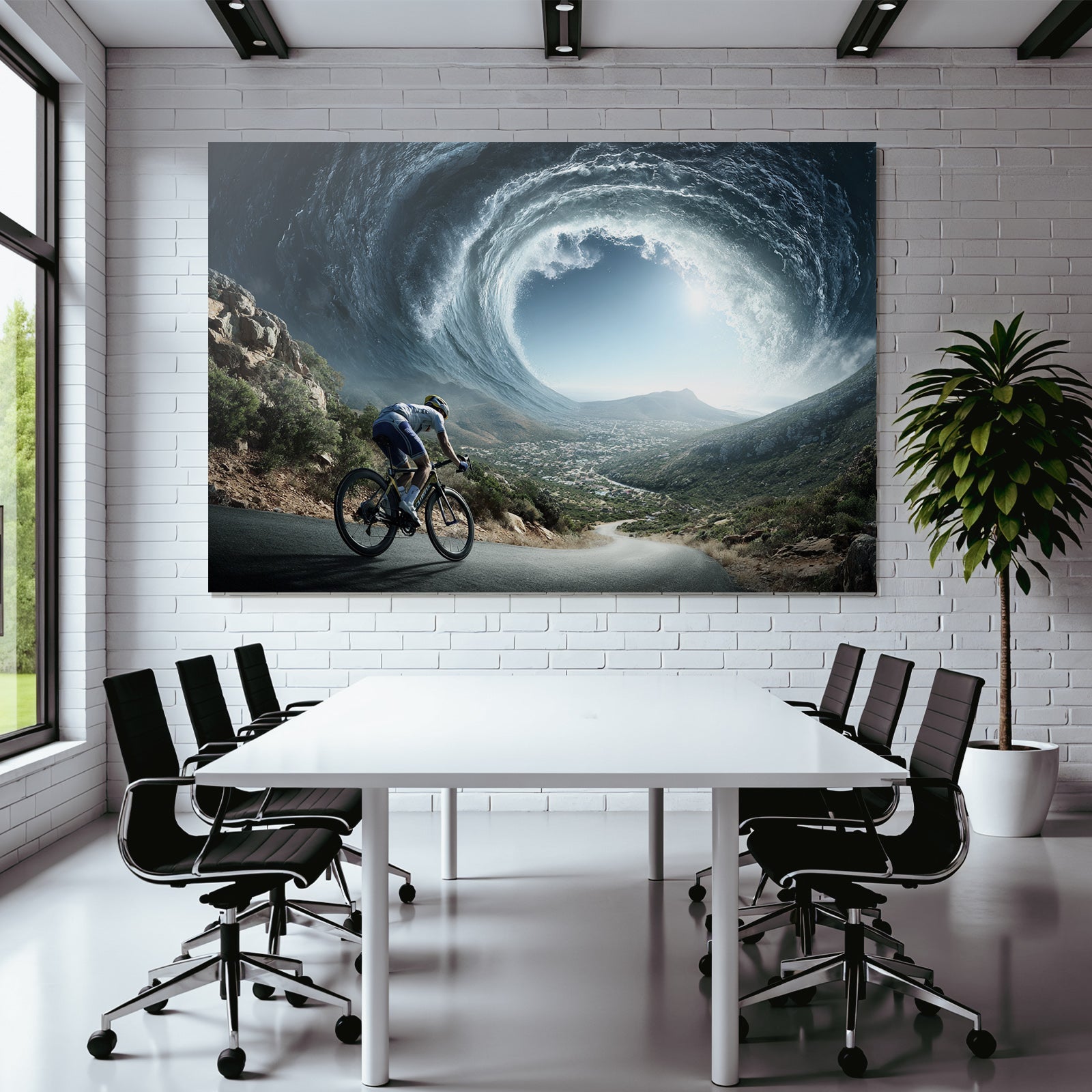 Radfahrer Und Grosse Welle Im Himmel Surrealistisches Abenteür