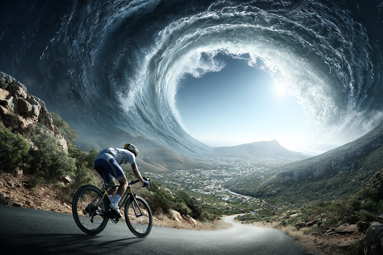 Radfahrer Und Grosse Welle Im Himmel Surrealistisches Abenteür | Sport und Bewegung | Themen und Hobbys