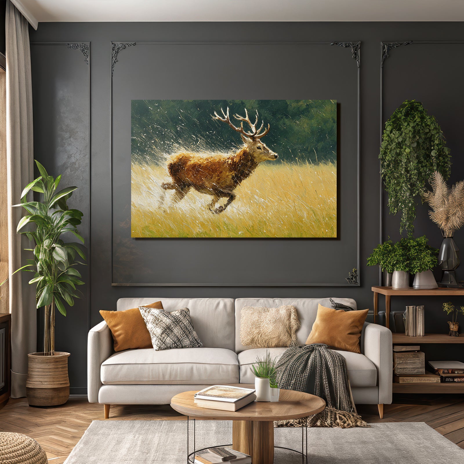 Reh Laeuft Durch Wiese Mit Langem Gras Painterly Stil Dynamik Und Energie
