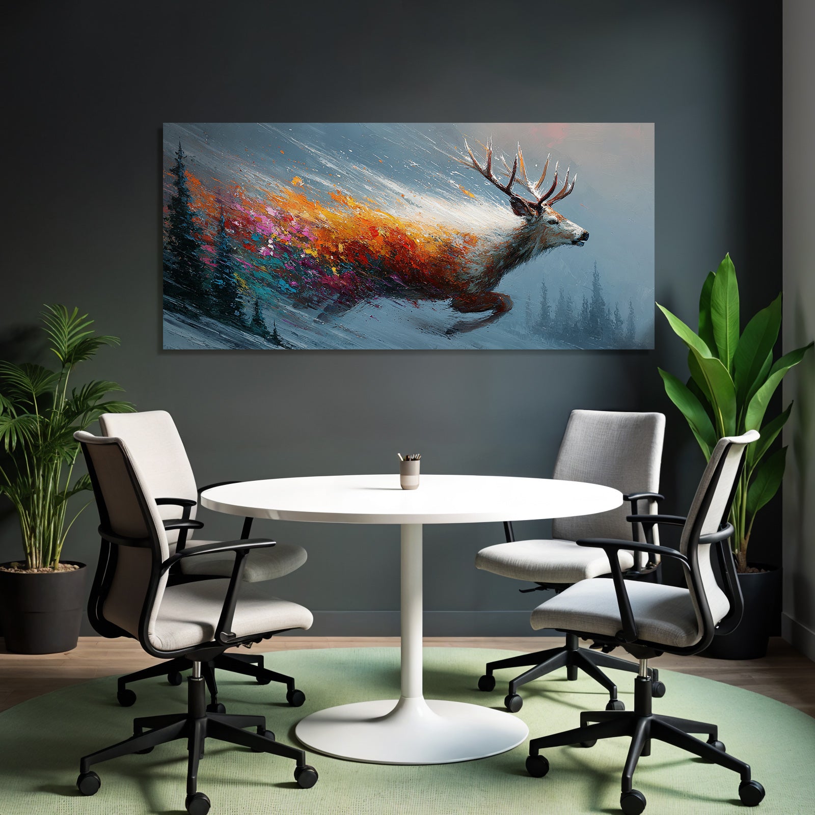 Rehe In Bewegung Winterlandschaft Bunte Pinselstriche