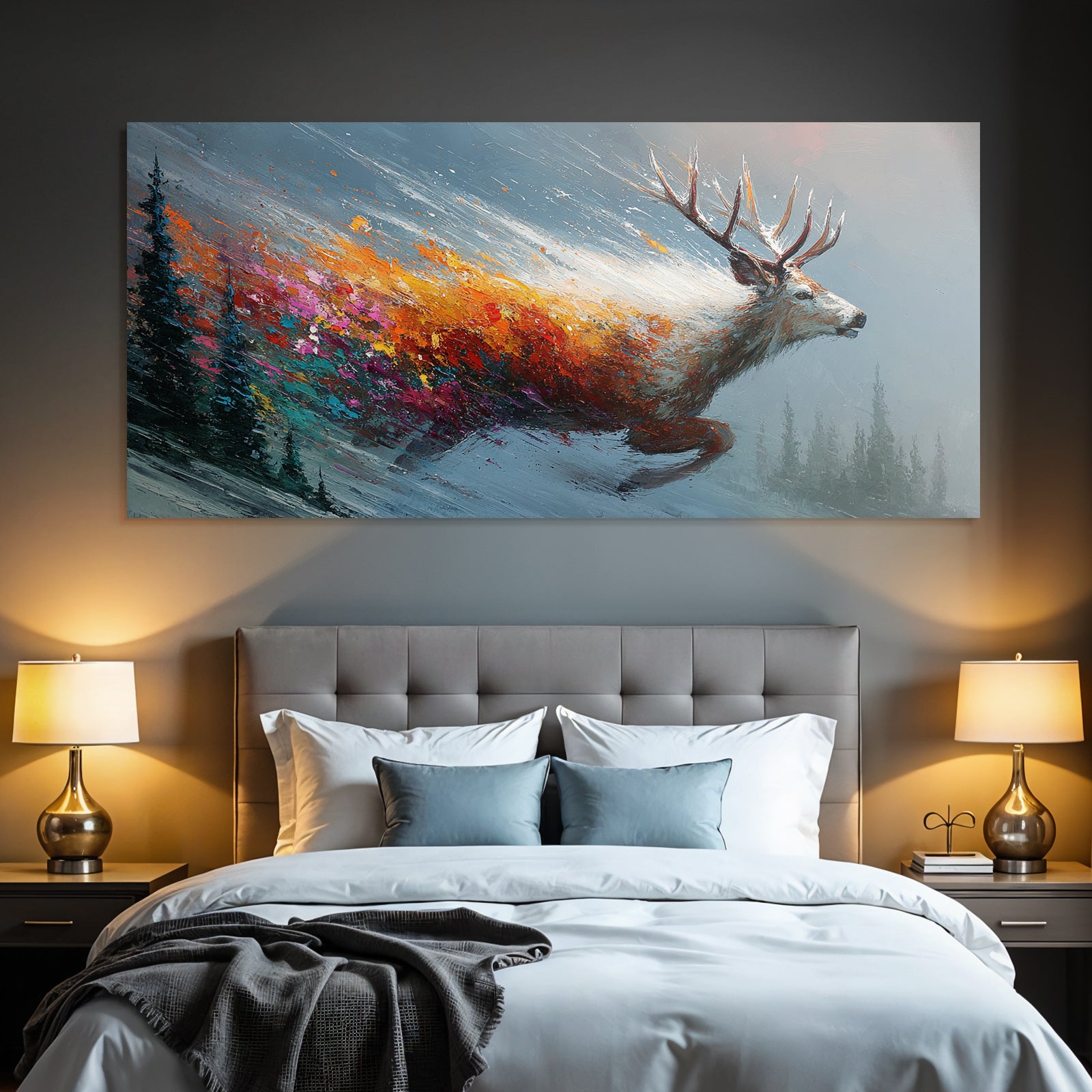 Rehe In Bewegung Winterlandschaft Bunte Pinselstriche