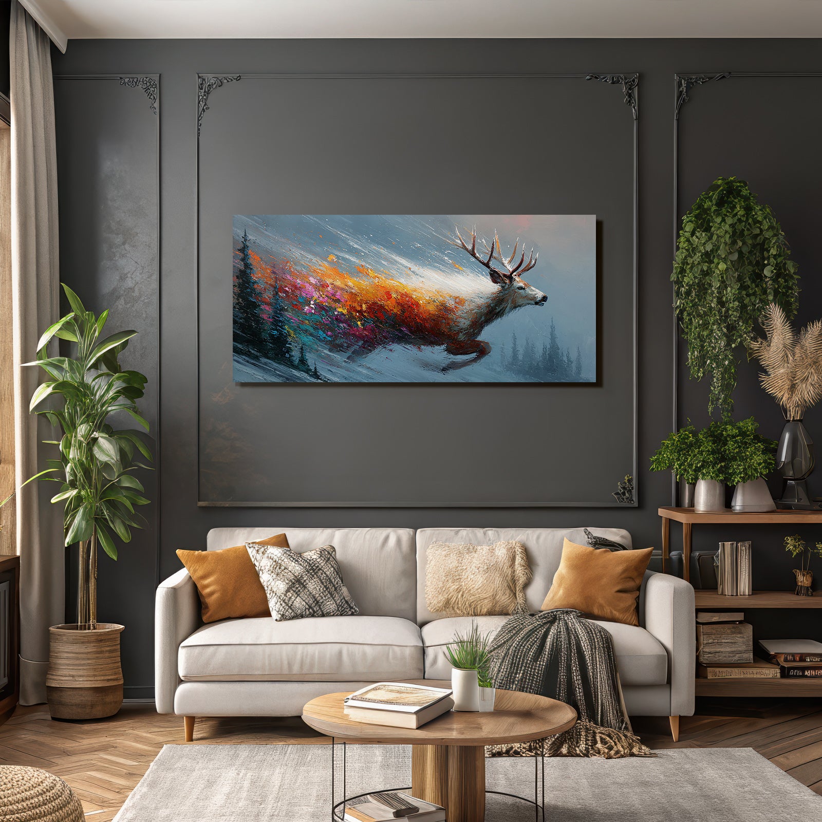 Rehe In Bewegung Winterlandschaft Bunte Pinselstriche