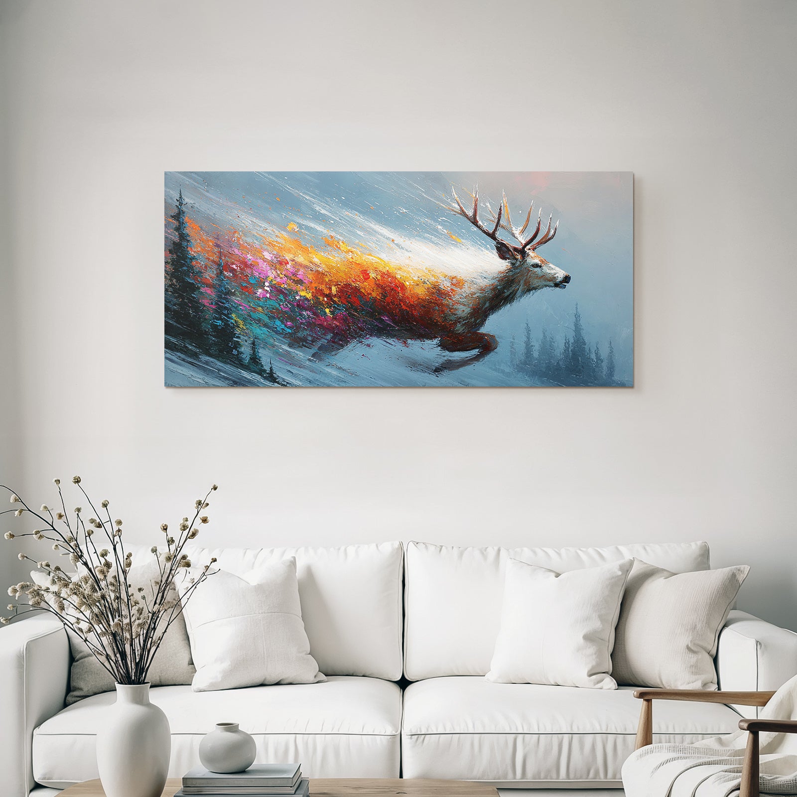 Rehe In Bewegung Winterlandschaft Bunte Pinselstriche