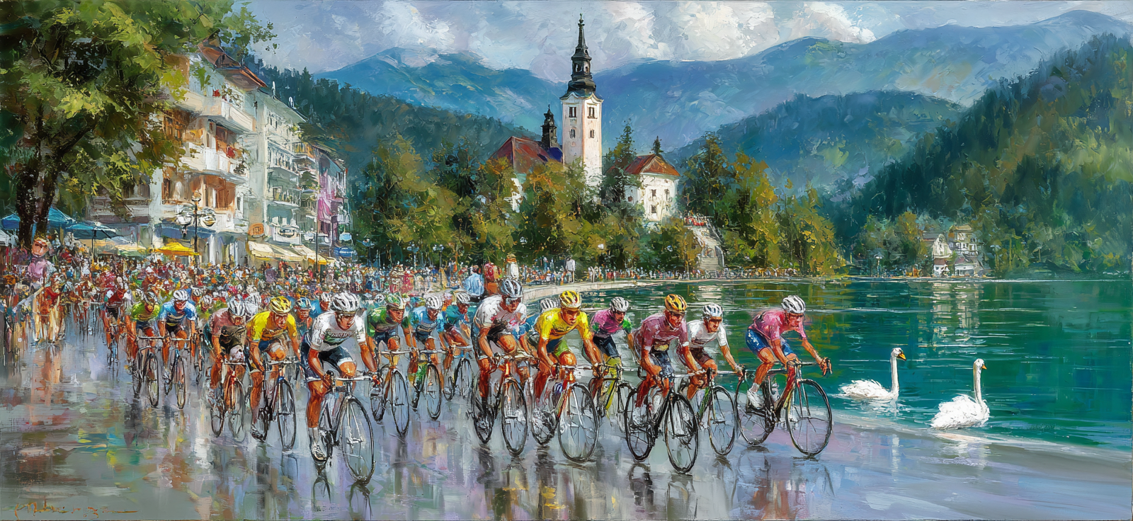Rennradrennen Am See Malerei Gemeinschaftsveranstaltung | Sport und Bewegung | Themen und Hobbys