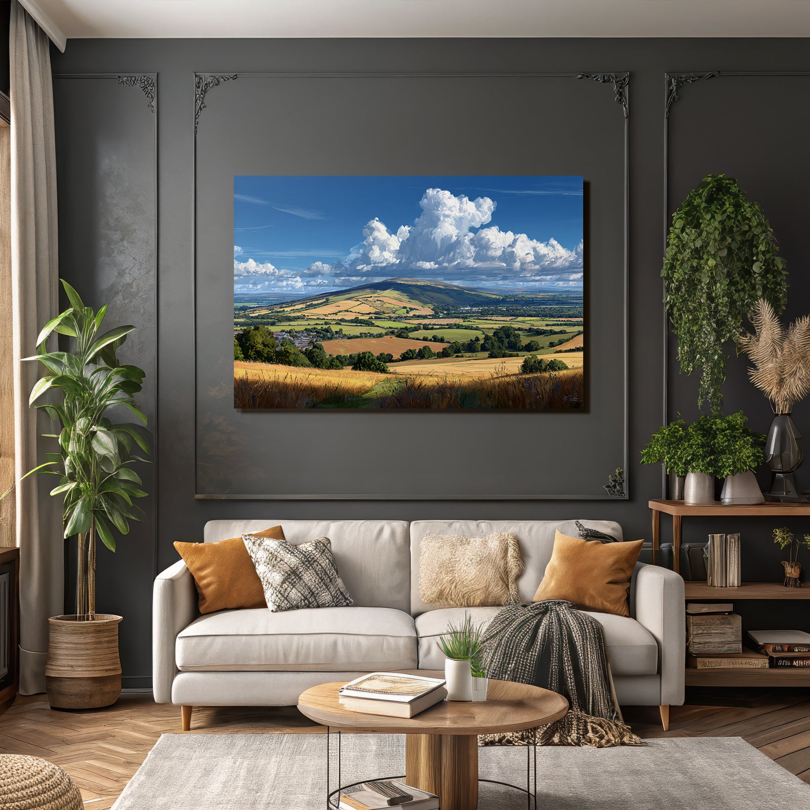 Scenic Landscape Mit Hügeln Feldern Und Strahlen Blaüm Himmel