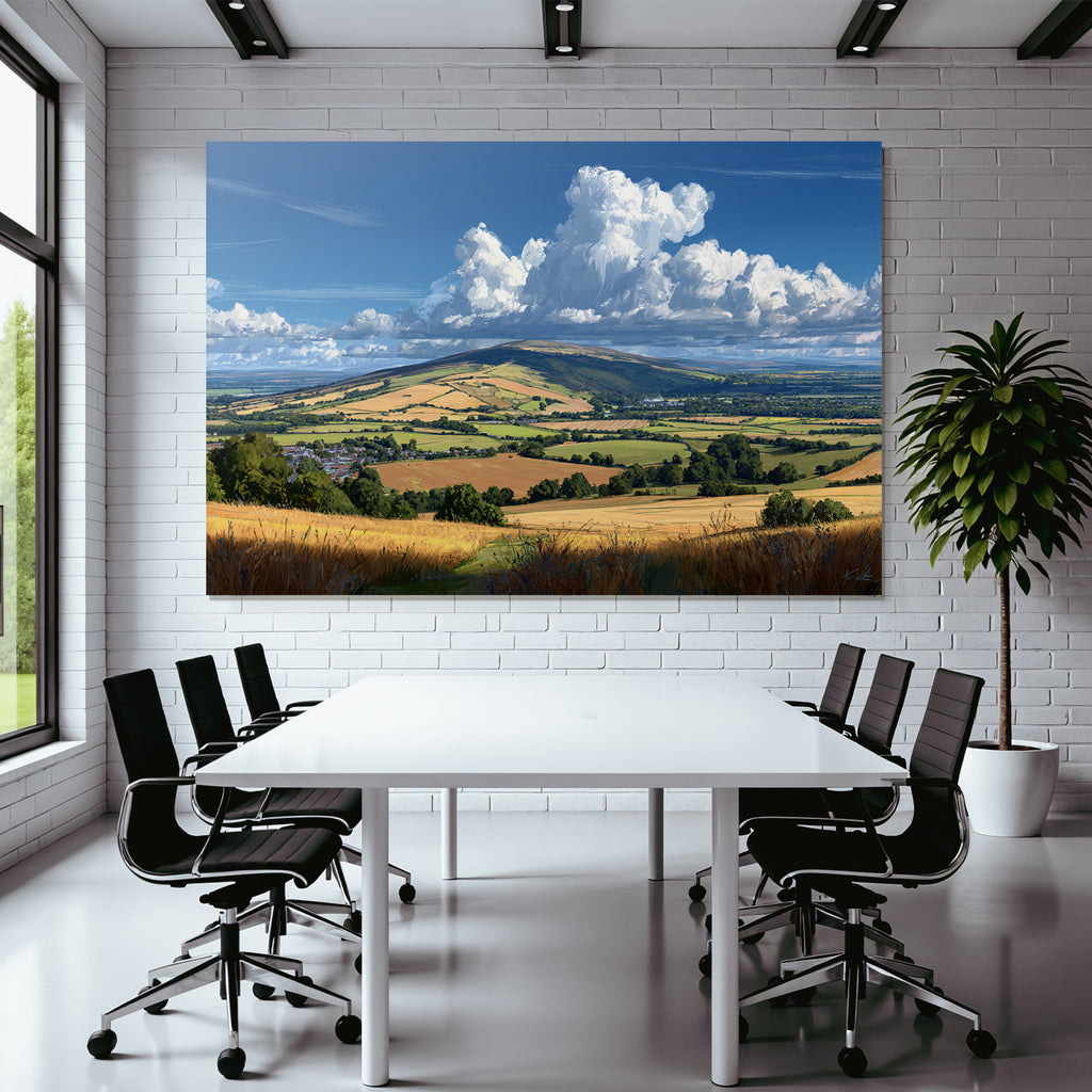Scenic Landscape Mit Hügeln Feldern Und Strahlen Blaüm Himmel