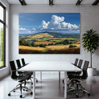 Scenic Landscape Mit Hügeln Feldern Und Strahlen Blaüm Himmel
