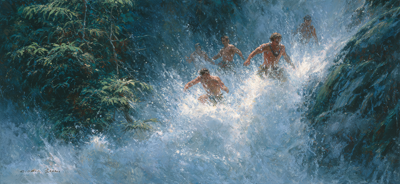 Shirtlose Individün Navigieren Einen Wasserfall Umgeben Von Grüner Natur | Sport und Bewegung | Themen und Hobbys