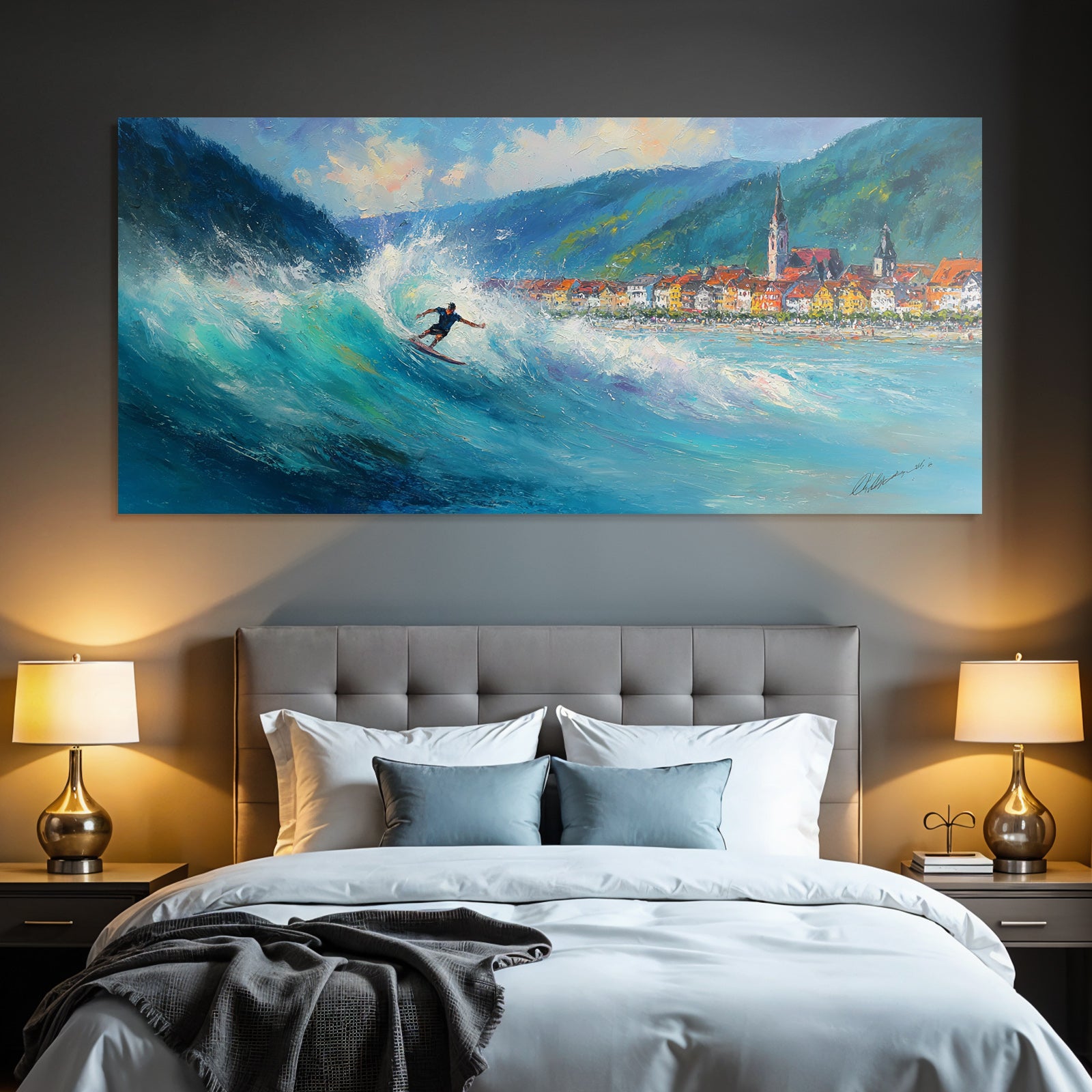 Surfer Auf Dem Wellen In Einer Bunten Küstenstadt Mit Hügeln