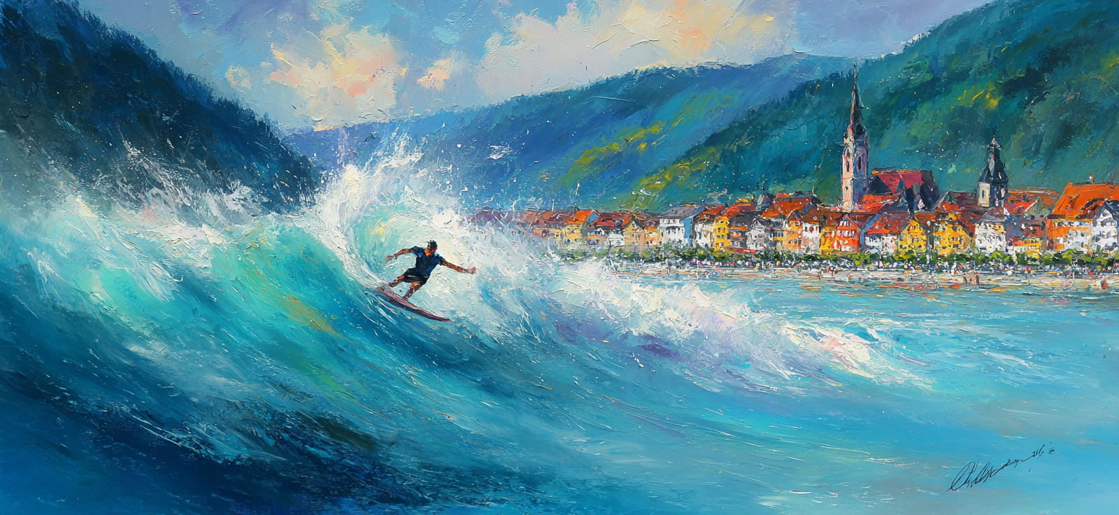 Surfer Auf Dem Wellen In Einer Bunten Küstenstadt Mit Hügeln | Sport und Bewegung | Themen und Hobbys