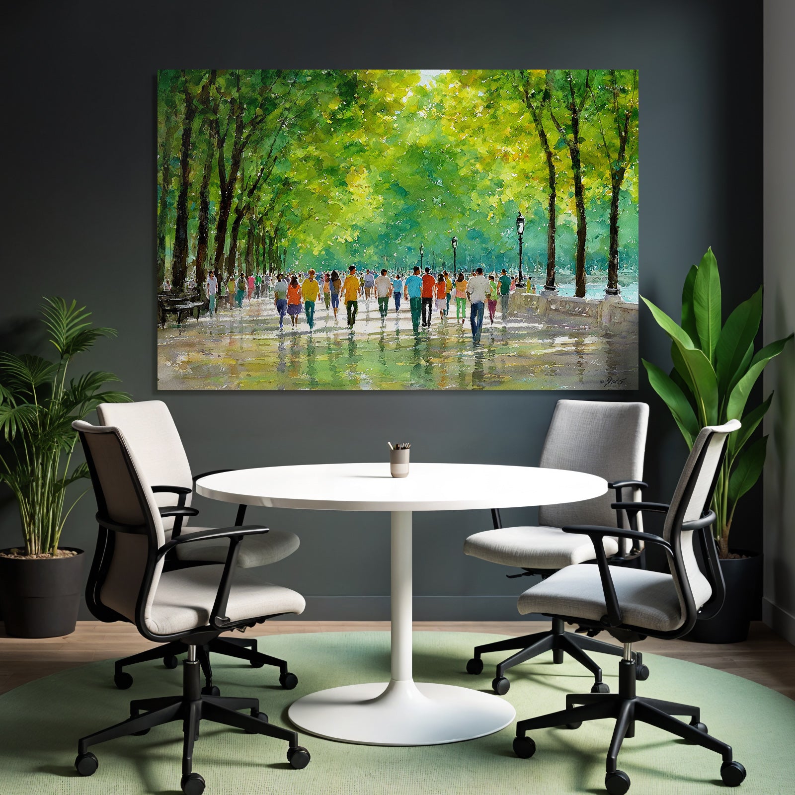 Vibrante Buntes Wasserfarbe Bild Von Einem Park Spaziergang Mit Reflexionen