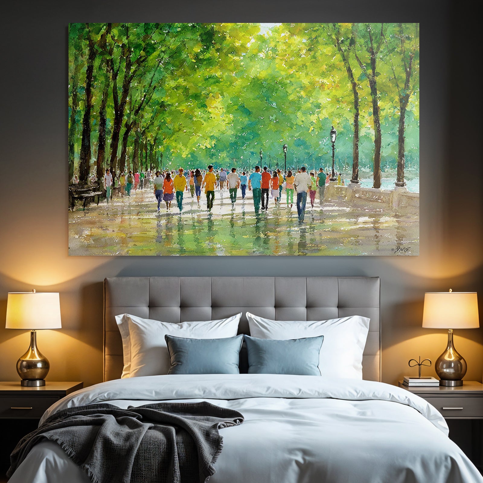 Vibrante Buntes Wasserfarbe Bild Von Einem Park Spaziergang Mit Reflexionen