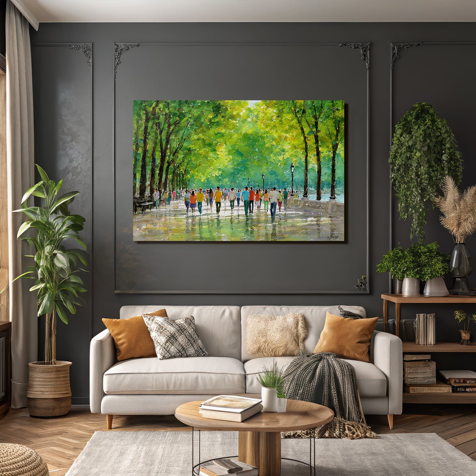 Vibrante Buntes Wasserfarbe Bild Von Einem Park Spaziergang Mit Reflexionen