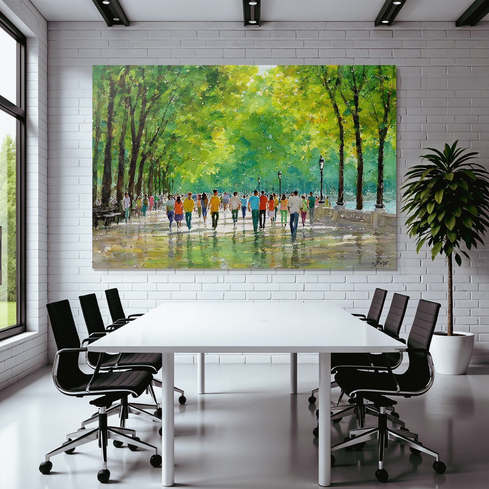 Vibrante Buntes Wasserfarbe Bild Von Einem Park Spaziergang Mit Reflexionen