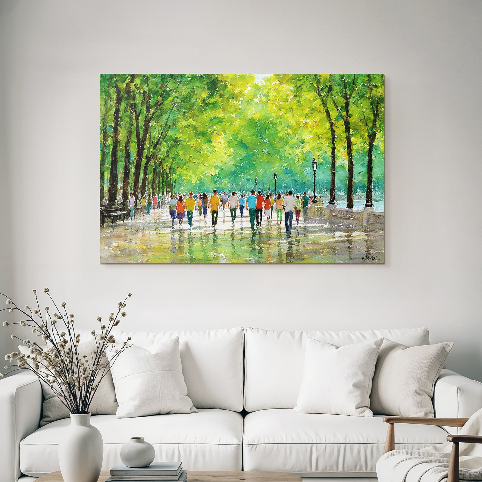 Vibrante Buntes Wasserfarbe Bild Von Einem Park Spaziergang Mit Reflexionen