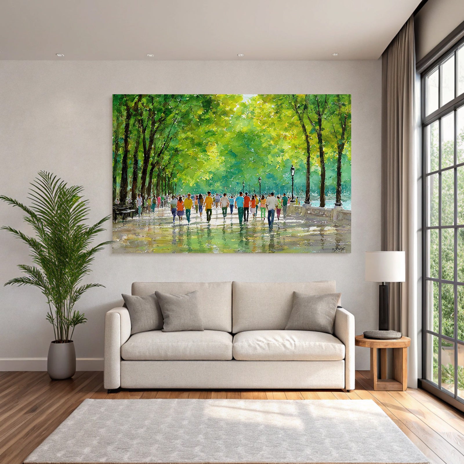 Vibrante Buntes Wasserfarbe Bild Von Einem Park Spaziergang Mit Reflexionen