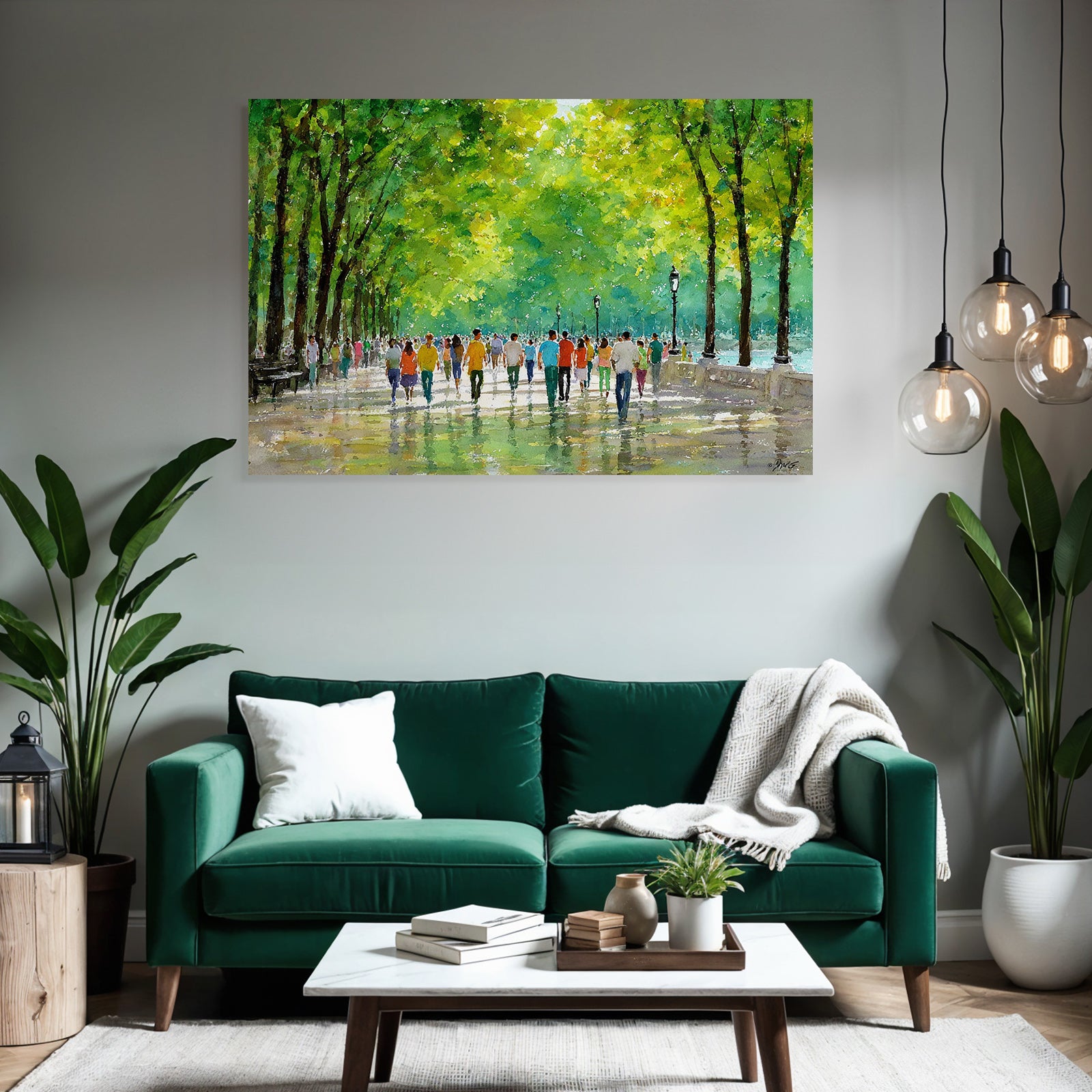 Vibrante Buntes Wasserfarbe Bild Von Einem Park Spaziergang Mit Reflexionen