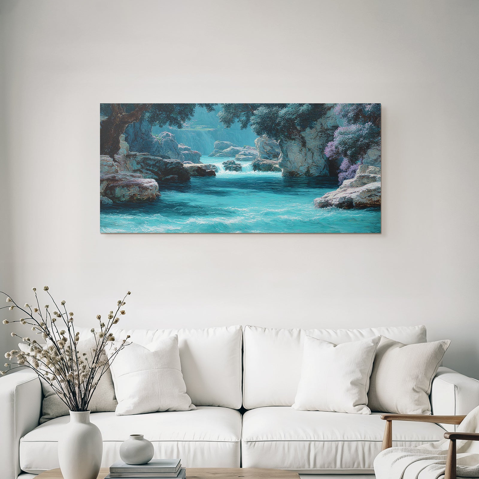 Vibrante Und Ruhige Landscchaft Mit Wasser Und Grünen Felsen