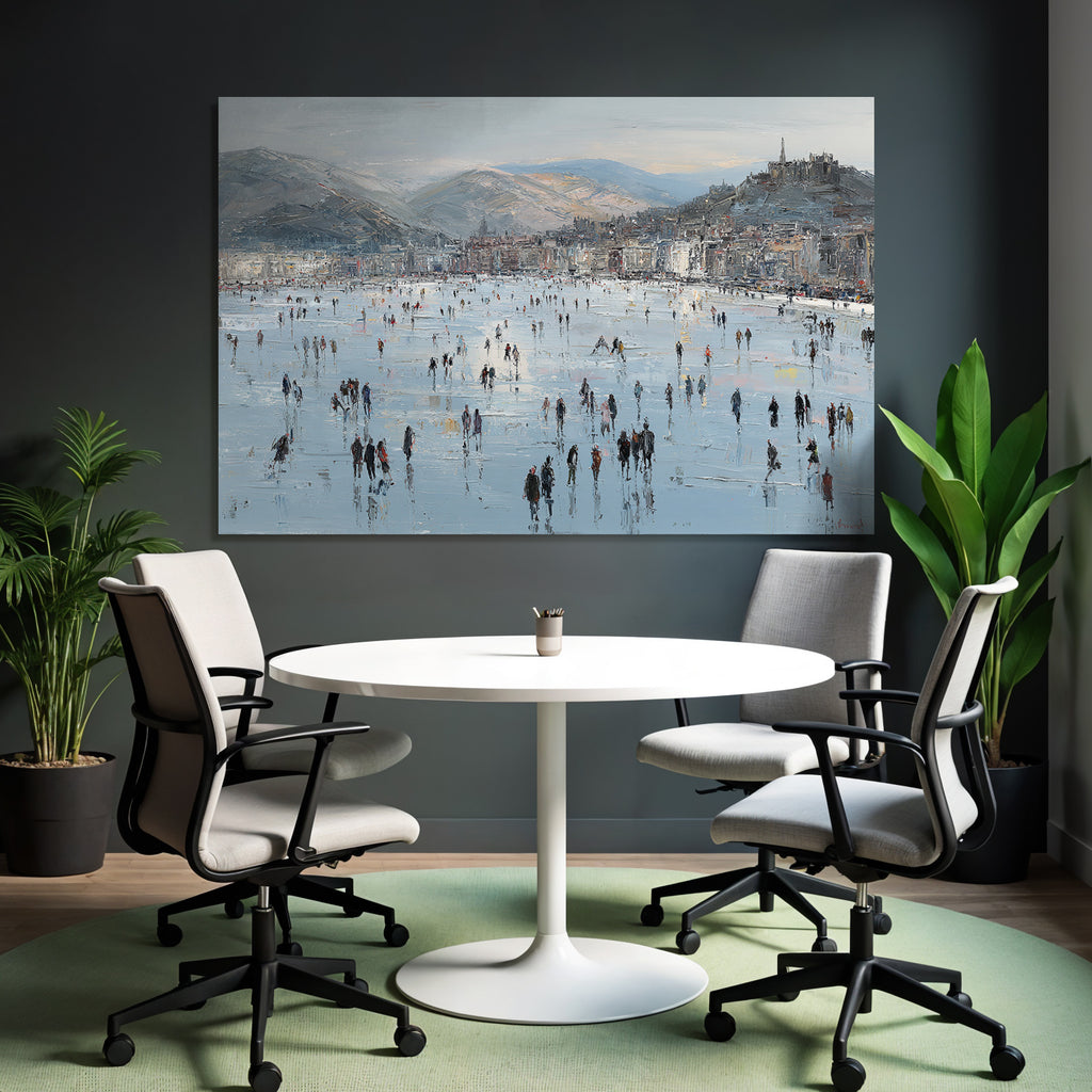 Winterszene Eisfläche Menschen Auf Eis Mountains Cityscape Impressionistisch