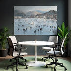 Winterszene Eisfläche Menschen Auf Eis Mountains Cityscape Impressionistisch