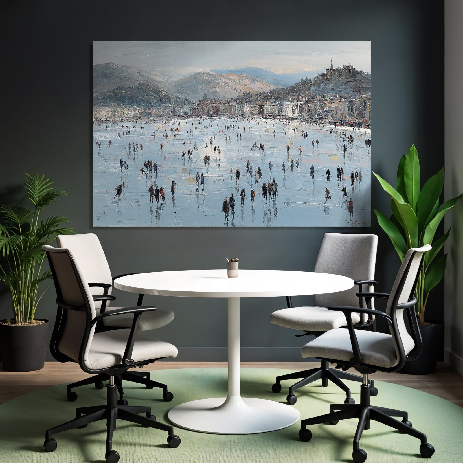 Winterszene Eisfläche Menschen Auf Eis Mountains Cityscape Impressionistisch
