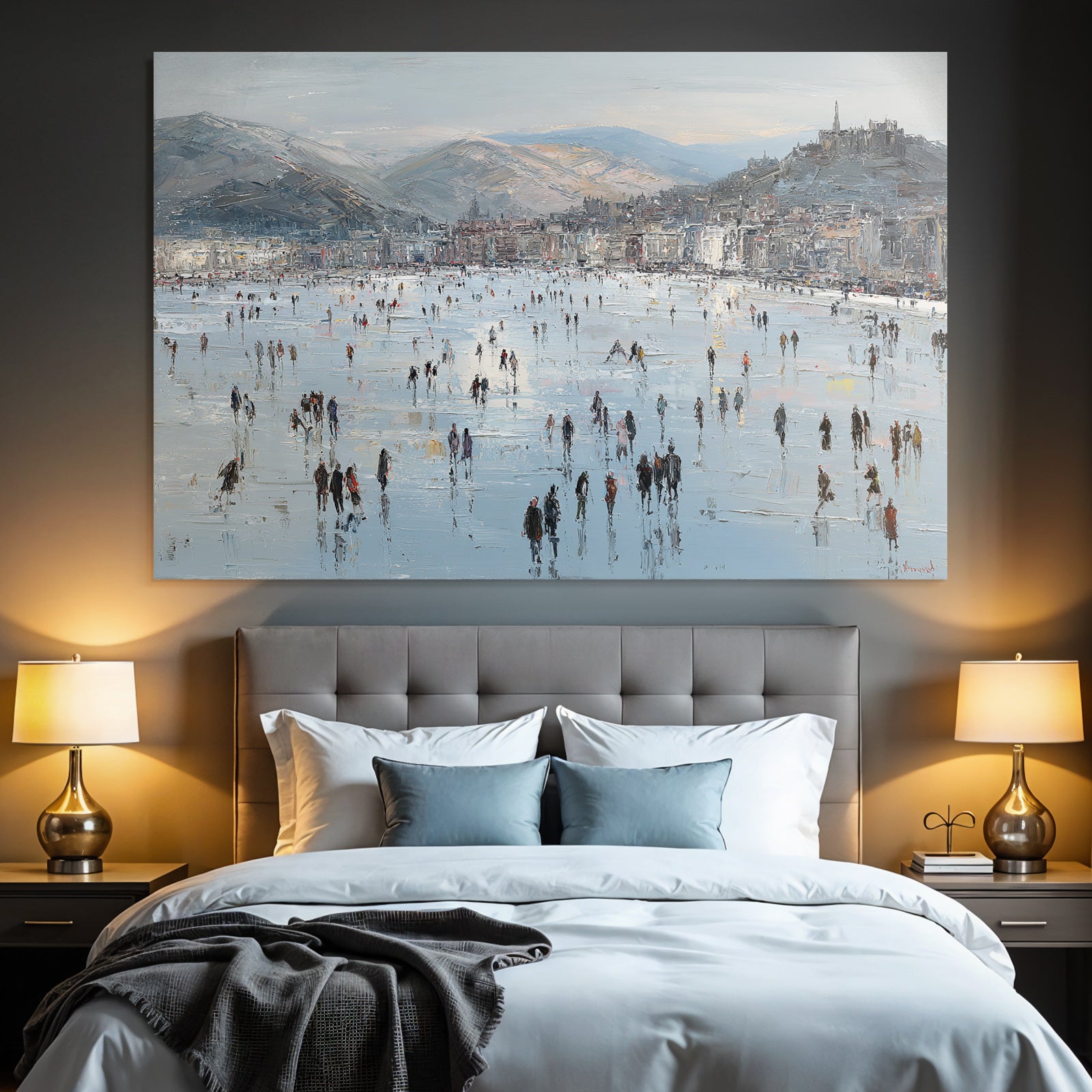 Winterszene Eisfläche Menschen Auf Eis Mountains Cityscape Impressionistisch