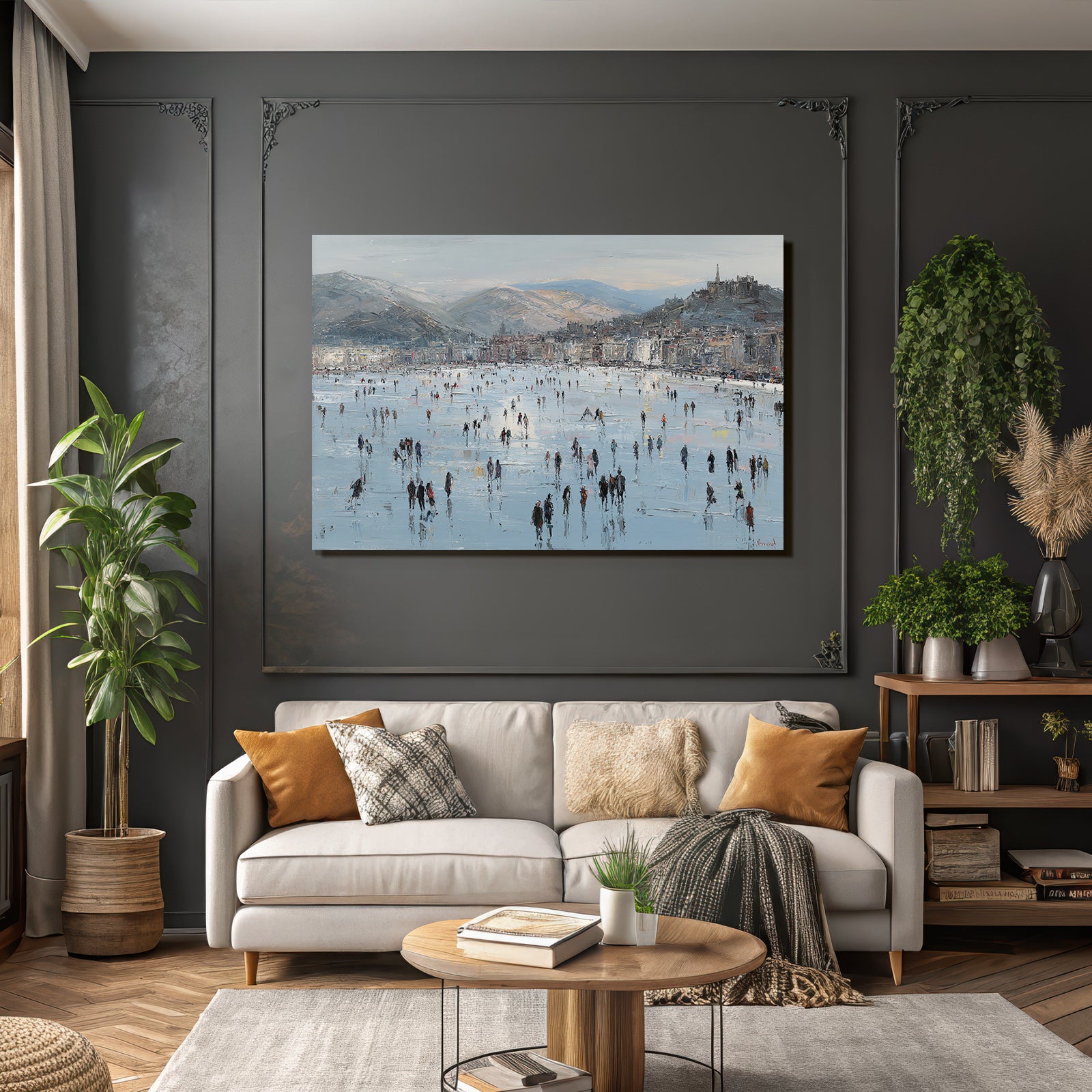 Winterszene Eisfläche Menschen Auf Eis Mountains Cityscape Impressionistisch