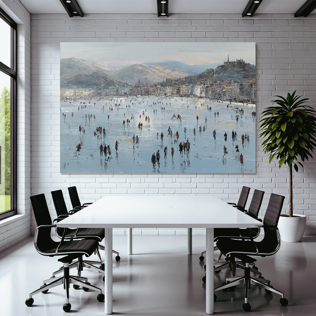Winterszene Eisfläche Menschen Auf Eis Mountains Cityscape Impressionistisch