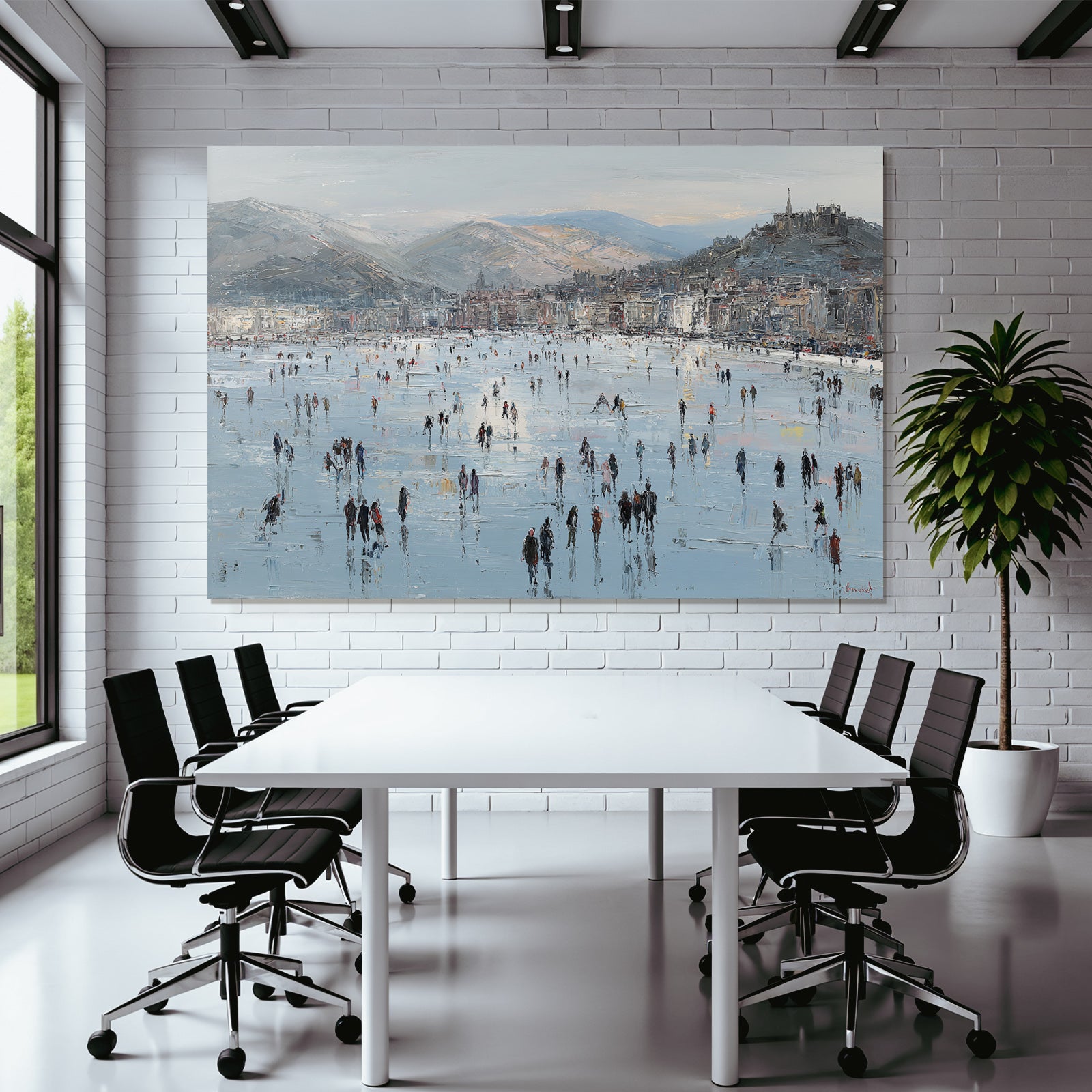 Winterszene Eisfläche Menschen Auf Eis Mountains Cityscape Impressionistisch