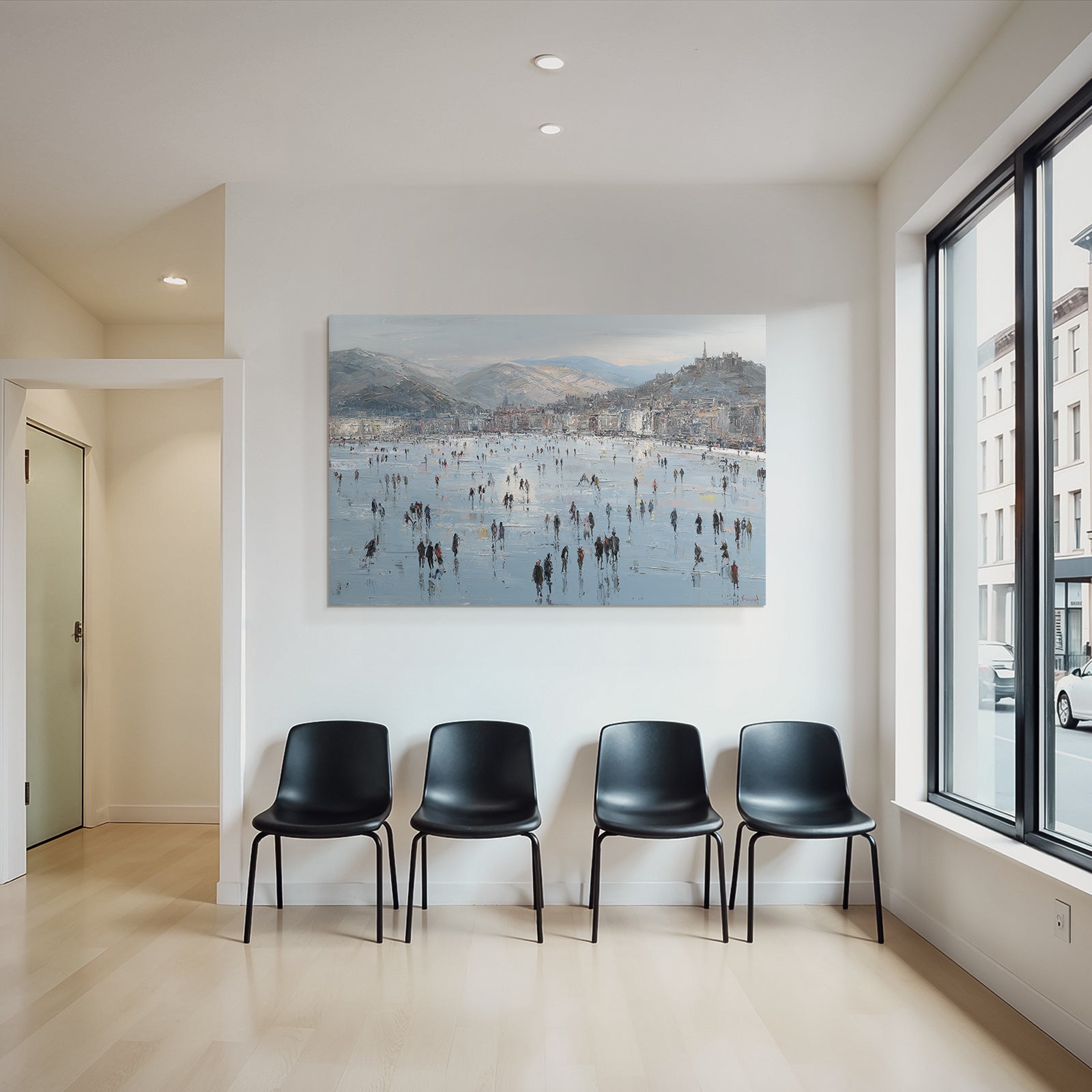 Winterszene Eisfläche Menschen Auf Eis Mountains Cityscape Impressionistisch